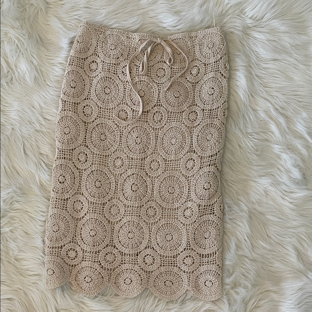 Beige Crochet Midi Skirt with Drawstring Waist